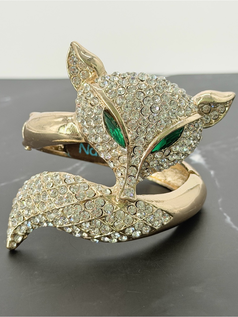 Natasha Couture Gold Fox Wrap Bracelet with Green Eyes and Clear Crystals